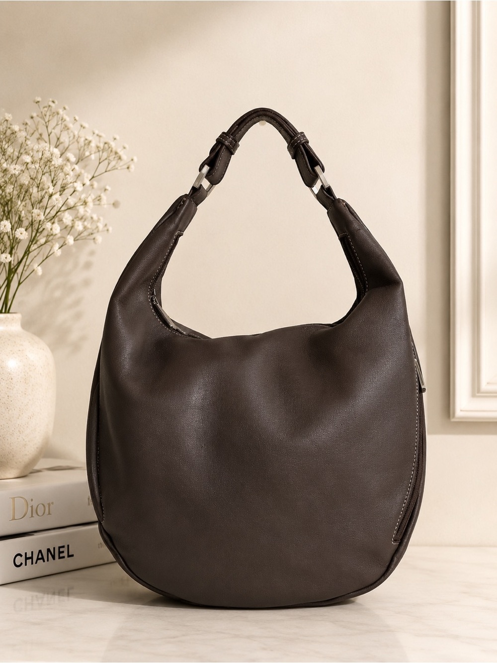 Sabrina Gray Leather Hobo Shoulder Bag Slouchy Everyday Purse